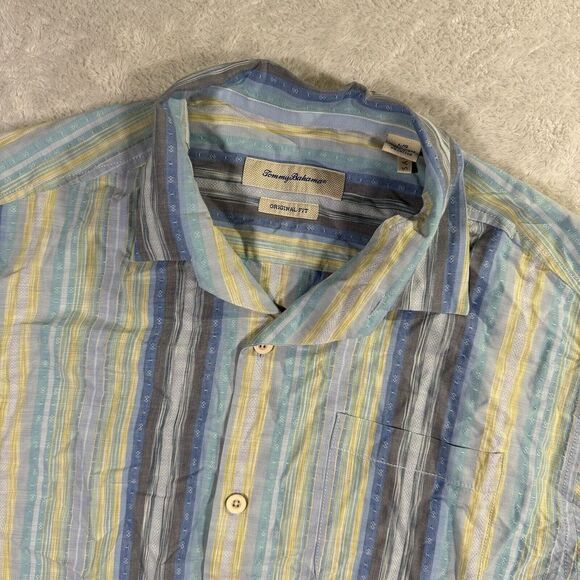 Tommy Bahama Mens Large Original Fit Button Up Shirt Silk Blend Blue Striped EUC - Picture 1 of 6